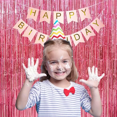 Image of 4 Pack Pink Foil Fringe Curtains, 13.2x6.6ft Streamers Backdrop, Tinsel Curtain for Birthday, Graduation, Christmas, Bachelorette, Wedding, Valentine, Gender Reveal| Pink Streamers Party Decorations