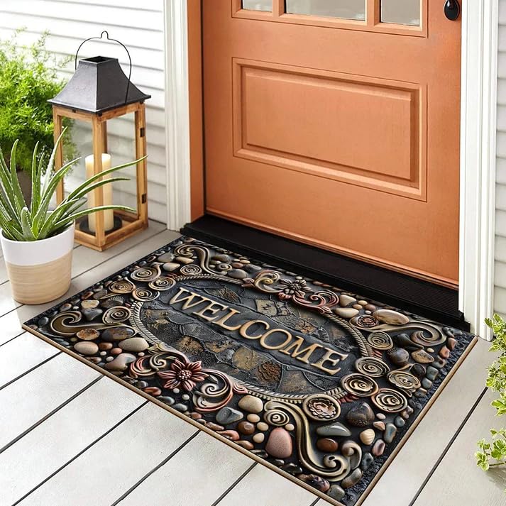 Image of Welcome Doormat for Home Entrance | Non-Slip Rectangular Front Door Mat with Stone & Floral Design | Stylish Indoor Outdoor Dustproof Rug for Entryway, Porch & Living Room Decor