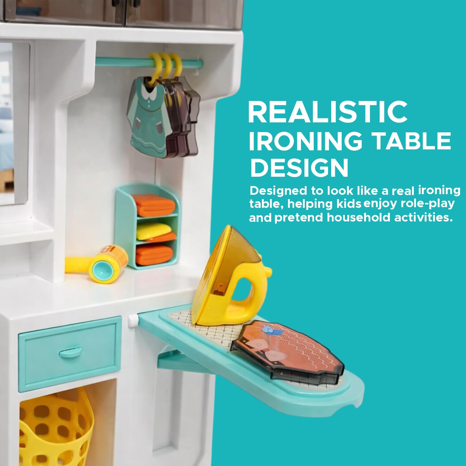 NHR Kids Toy Wardrobe and Laundry Pretend Playset – Mini Closet Storage Organizer, Iron, Hangers, Laundry Basket & Accessories – Pretend Play Dollhouse Furniture Gift for Kids Aged 3+ 2