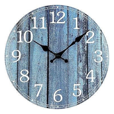 Plumeet Small Wall Clock, 10'' Frameless Wooden Wall Clocks with Silent Quartz Movement, Rustic Coastal Country Village Clocks Decorative for Kitchen Bedroom Living Room, Blue