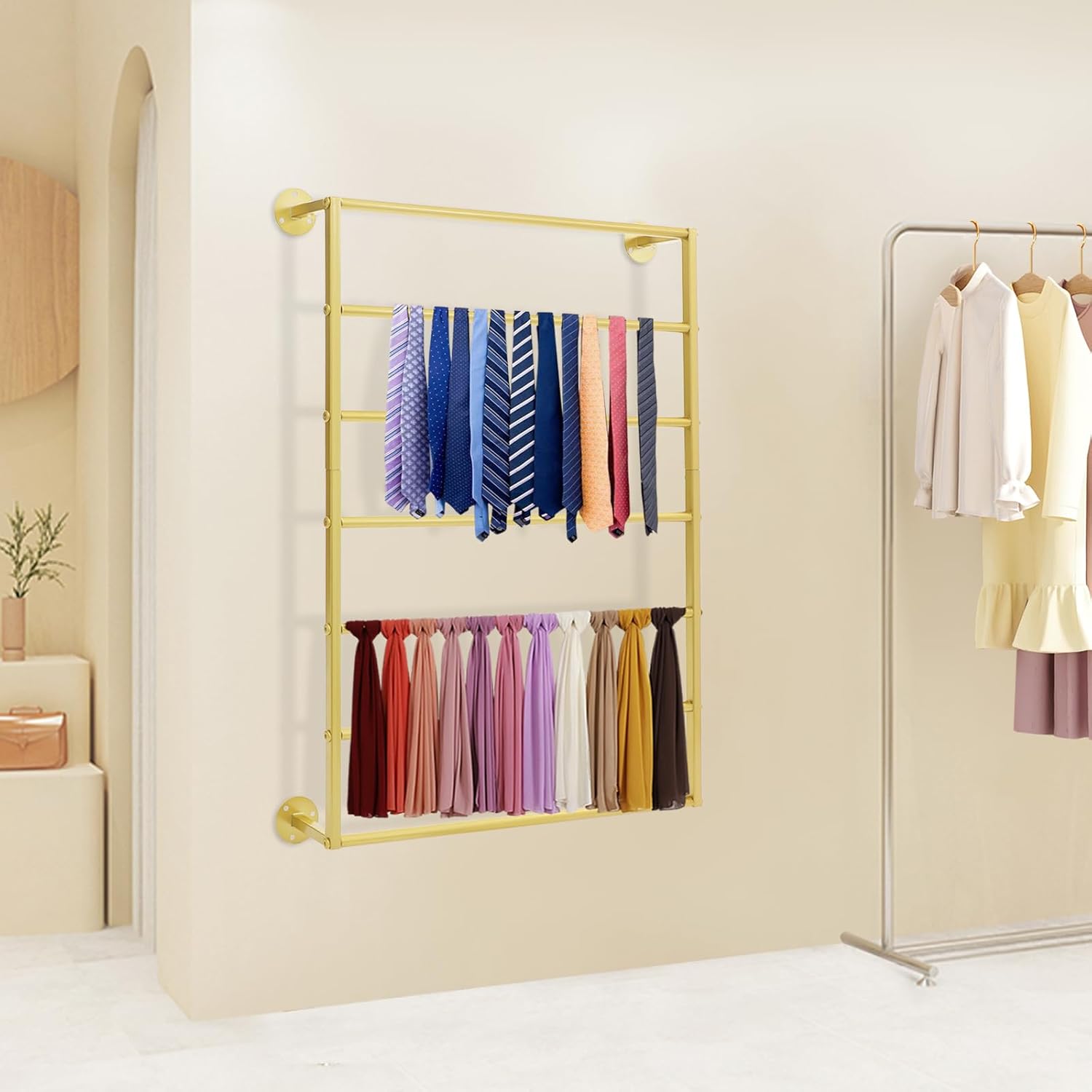 7-Tier Wall Mounted Scarf Rack, Metal Wall Tie & Scarf Display Storage Rack, Space Saving Wrapping Paper Ribbon Organizer Towel Holder for Flower Shop Retail Store (Gold)