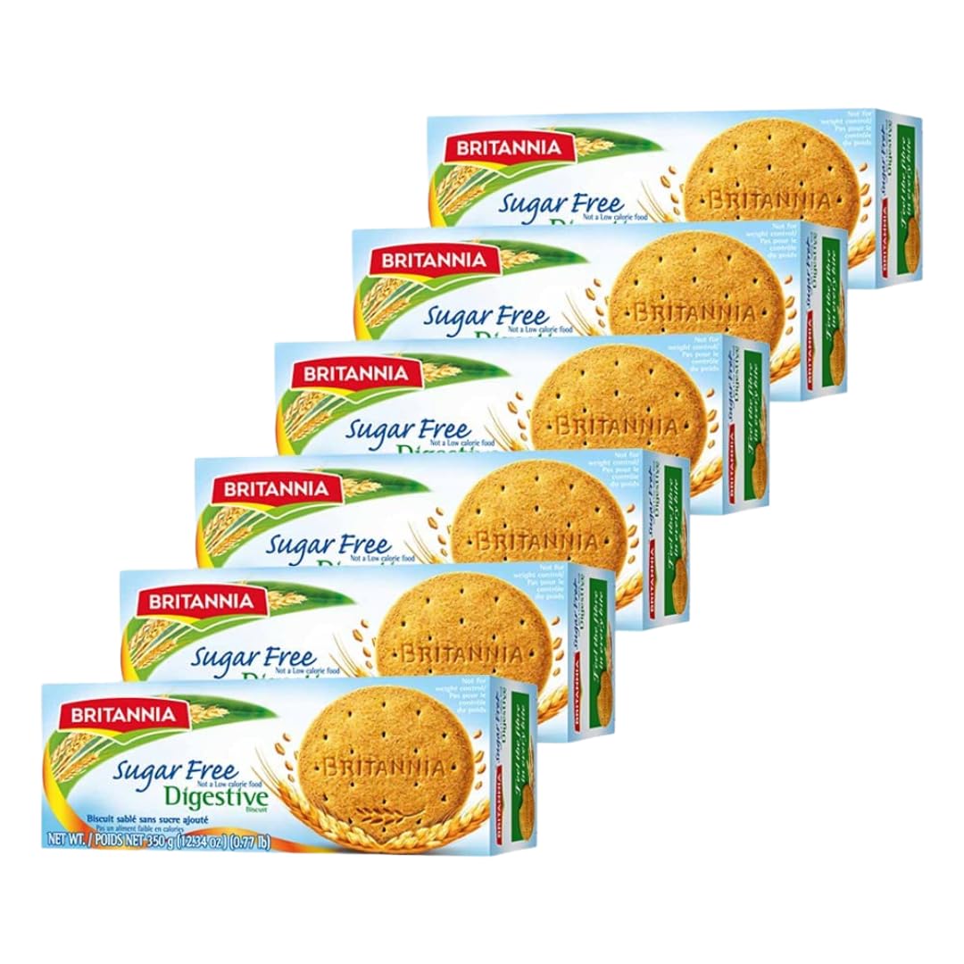 BRITANNIA Digestive Sugar Free Biscuits 12.34oz (350g) - Whole Wheat Flavor Cookies - Breakfast & Tea Time Healthy Snacks (Pack of 6)