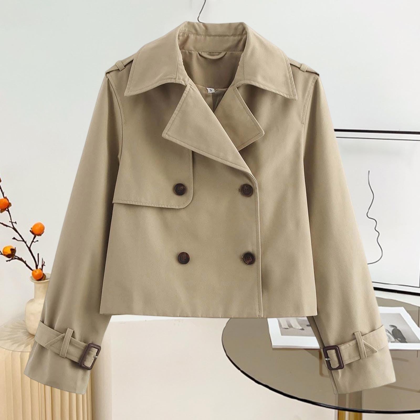 Trenchcoat Damen Kurz - Kurzer Jacke Zweireiher Kurzmantel Übergang Trench Coat Klassische Herbst Frühling Sommermantel Leichte Damenmantel Mantel Übergangsmantel Reverskragen 4