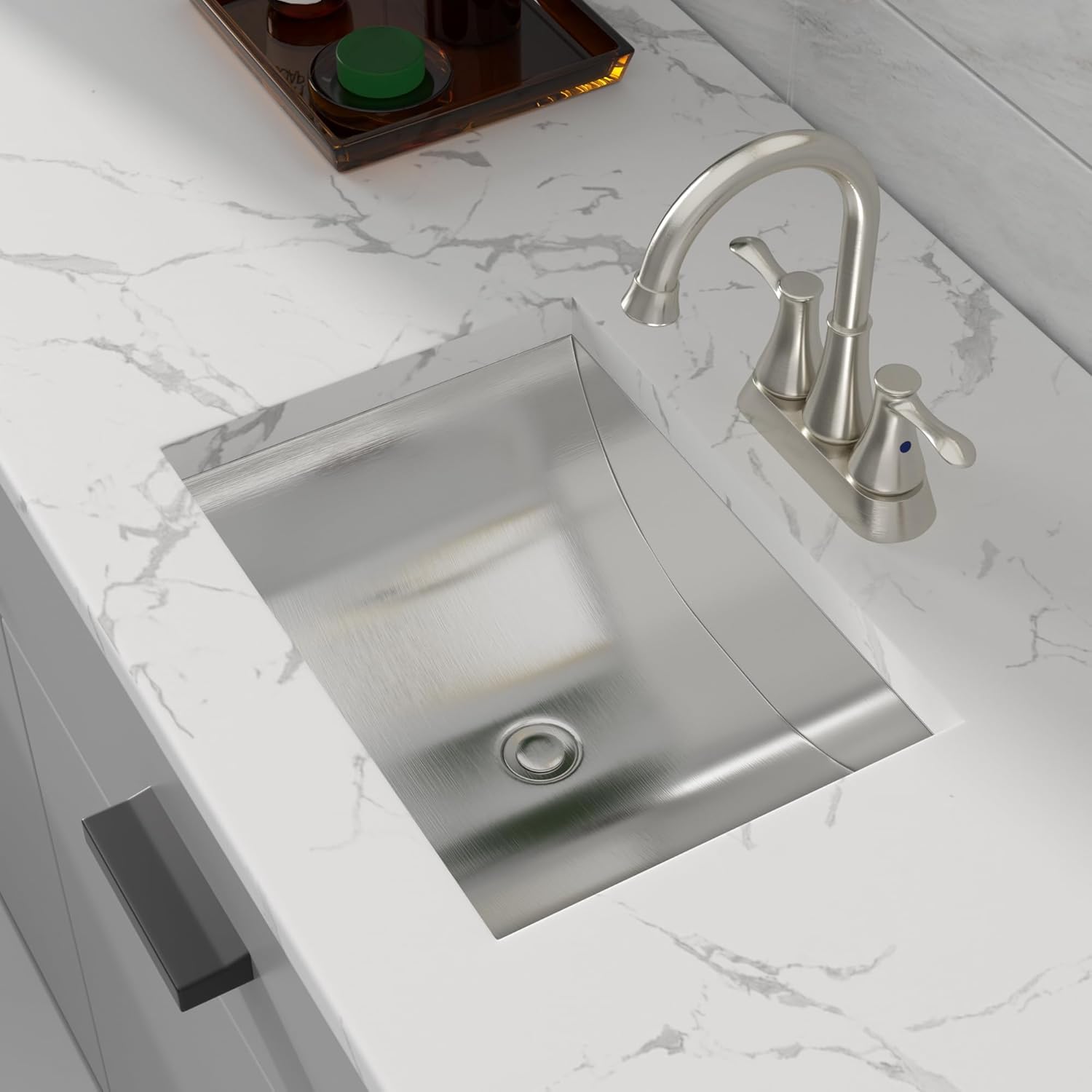 Lavabo de baño rectangular de acero inoxidable de 45,7 x 33 cm, bajo encimera, lavabo con drenaje desplegable