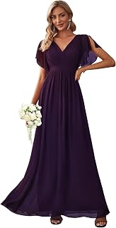 Women's Bridesmaid Dress V-Neck Ruffle Sleeves Ruched Bust Floor Length Chiffon Formal Dresses 0164A