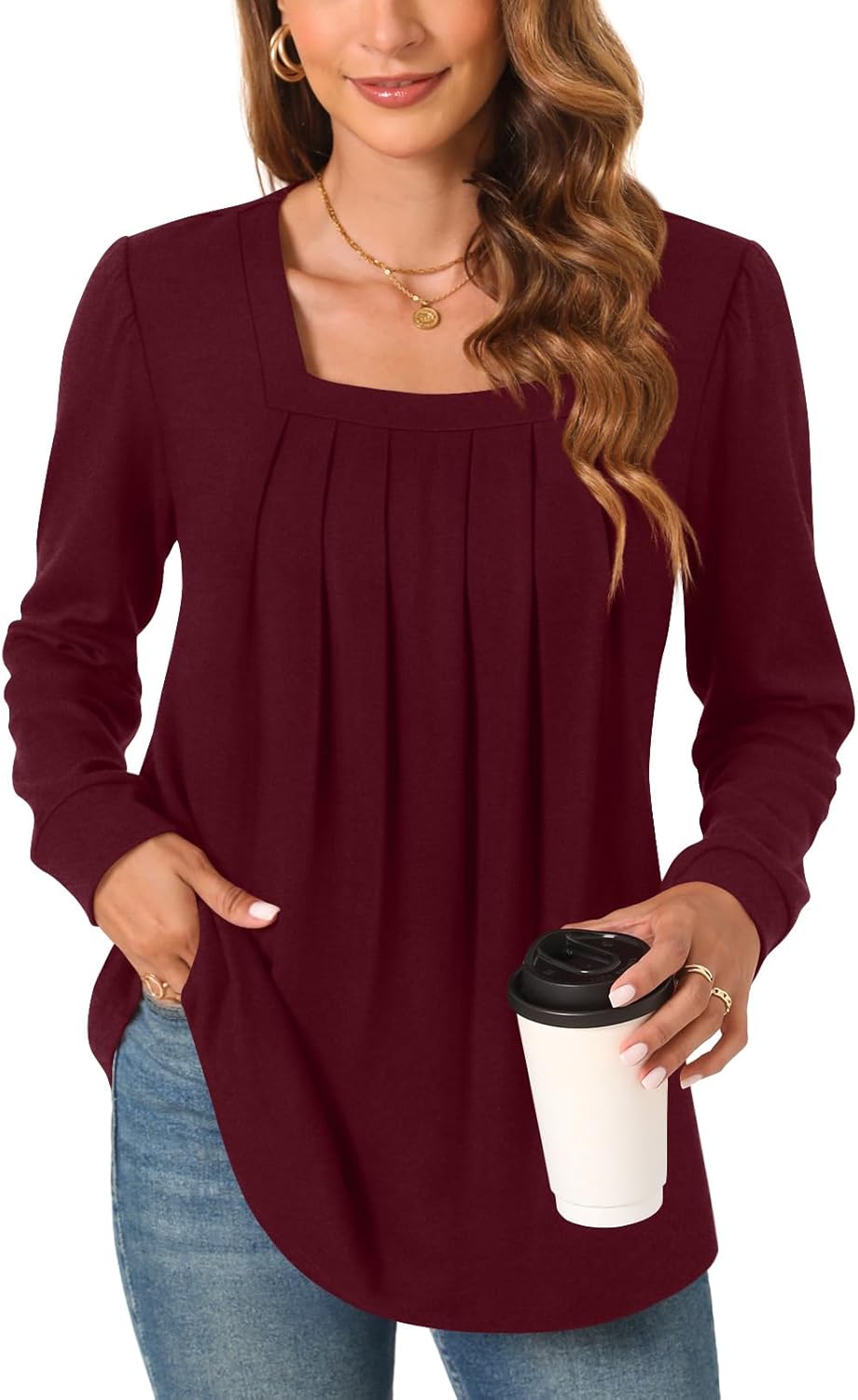 Anyally Womens Fall Long Sleeve Tunic Tops Plus Size Square Neck Shirt Loose Sweaters for Leggings - Image 2