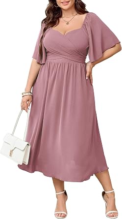 SHESTARR Womens Plus Size Midi Dress Sweetheart Neck Short Sleeve Wedding Guest Cocktail A Line Flowy Dress