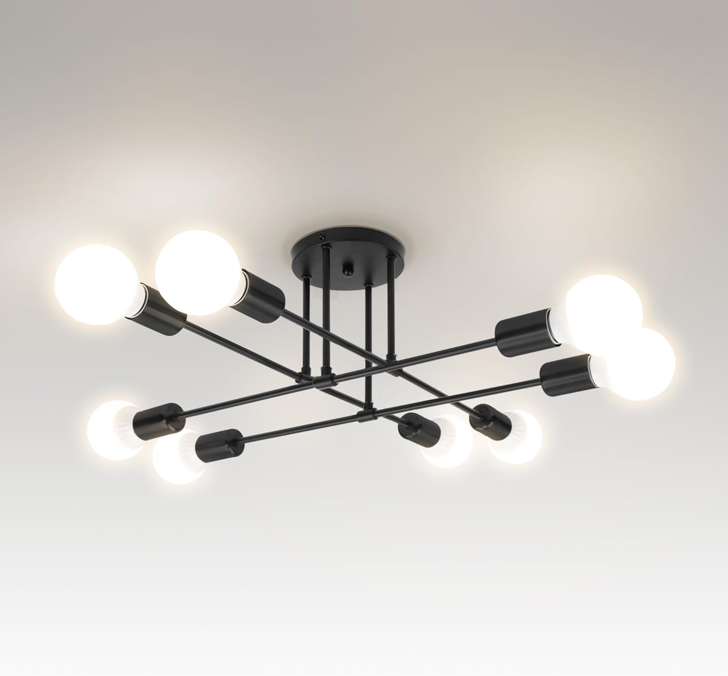 ASD Modern Sputnik Chandelier, 8 Lights Mid Century Semi Flush Mount Ceiling Light Fixture with E26 Base, Black Chandelier for Bedroom Dining Room Living Room Kitchen Office, ETL Listed