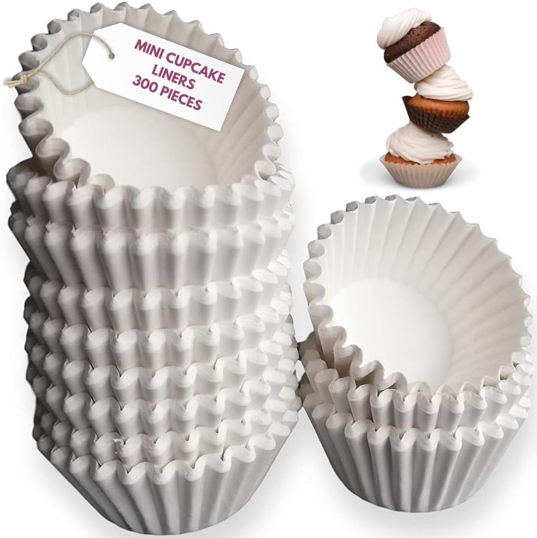 White Mini Cupcake Liners - 300-Pack - Mini Cups Sized Paper Cupcake Wrappers - Fits Perfectly Any Mini Muffin Baking Pan - Cup Cake Liner for Cupcakes, Muffins, Keto Fat Bombs & Mini Cheesecakes