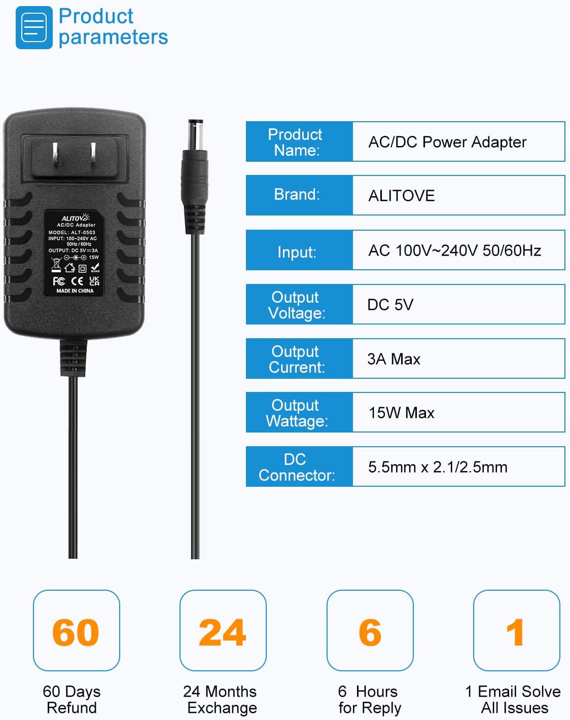 ALITOVE DC 5V 3A Power Cord AC Adapter 5 Volt Power Supply 4.92Ft 5.5mm x 2.5mm/2.1mm AC 100-240V to DC 5Volt 3000mA 2500mA 15W for LED Pixel Light CCTV Camera USB-HUB Wireless Router（5 Pack）