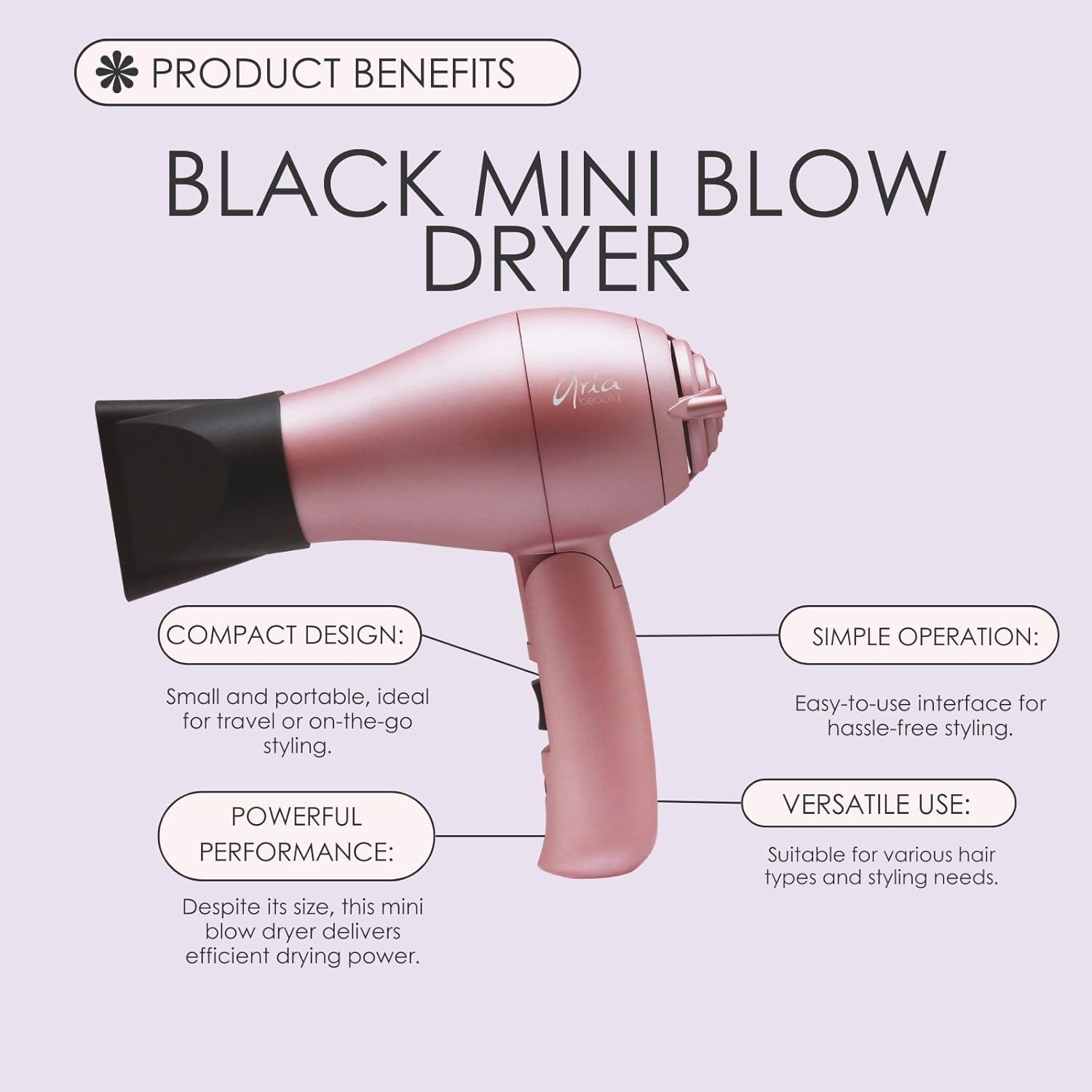 Aria Beauty Mini Compact Folding Blowdryer, Dual Votage, Diffuser and Concentrator Nozzle Included, Lightweight Design, Perfect for Travel, 1000W