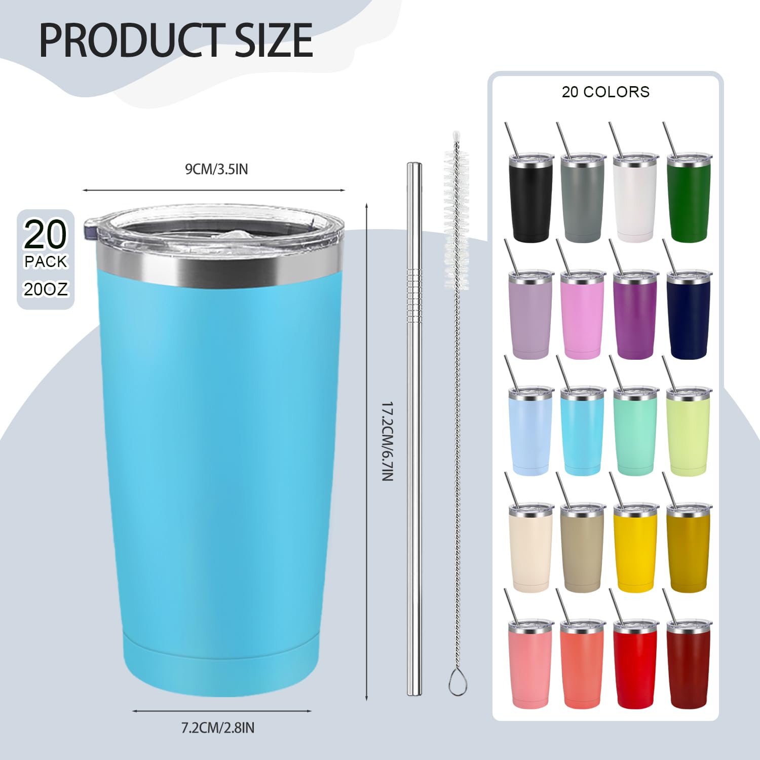 YOUKE OLA Paquete de 20 vasos de acero inoxidable a granel de 20 onzas aisladas al vacío, taza de café con recubrimiento en polvo, regalo para grabado láser, varios colores
