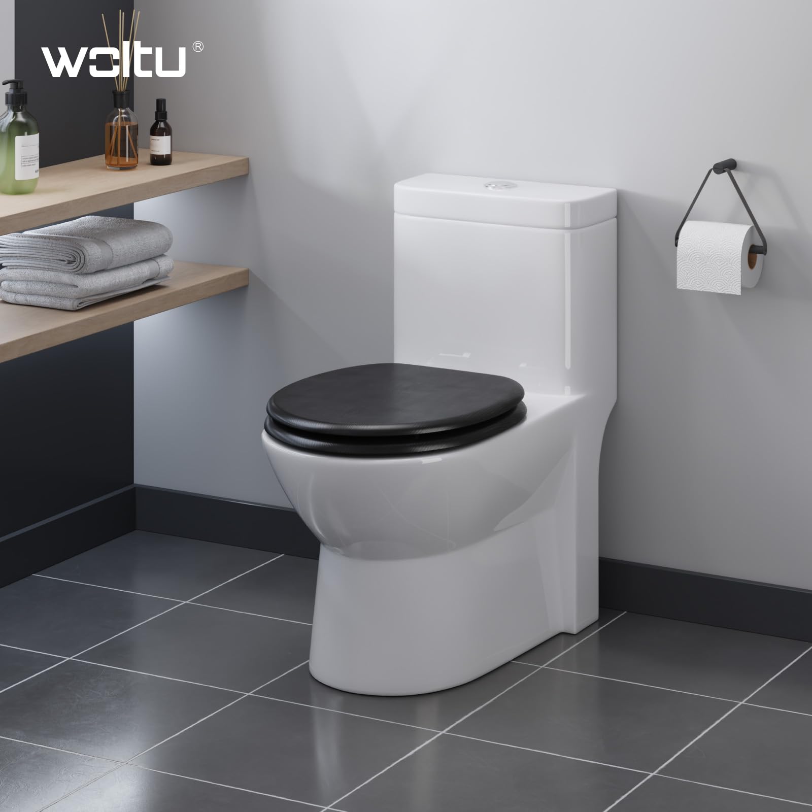 WOLTU Asiento de Inodoro con Cierre Suave, Bisagras Cincadas, Núcleo de MDF Madera, Grano de Madera Negro WS2883
