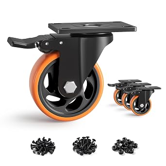 4 Inch Heavy Duty Caster Wheels, Industrial Casters Set of 4 Load 1600lbs with Brakes, Swivel Plate Locking Castors, Roller Wheels for Furniture and Workbench Cabinet Table Orange
