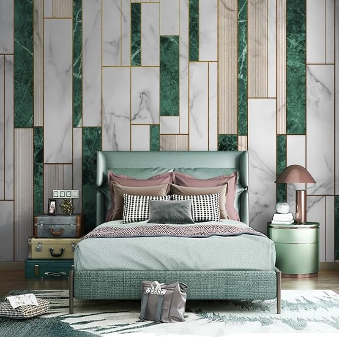 Papier peint géométrique vert en marbre 350x256cm pour décor de salon