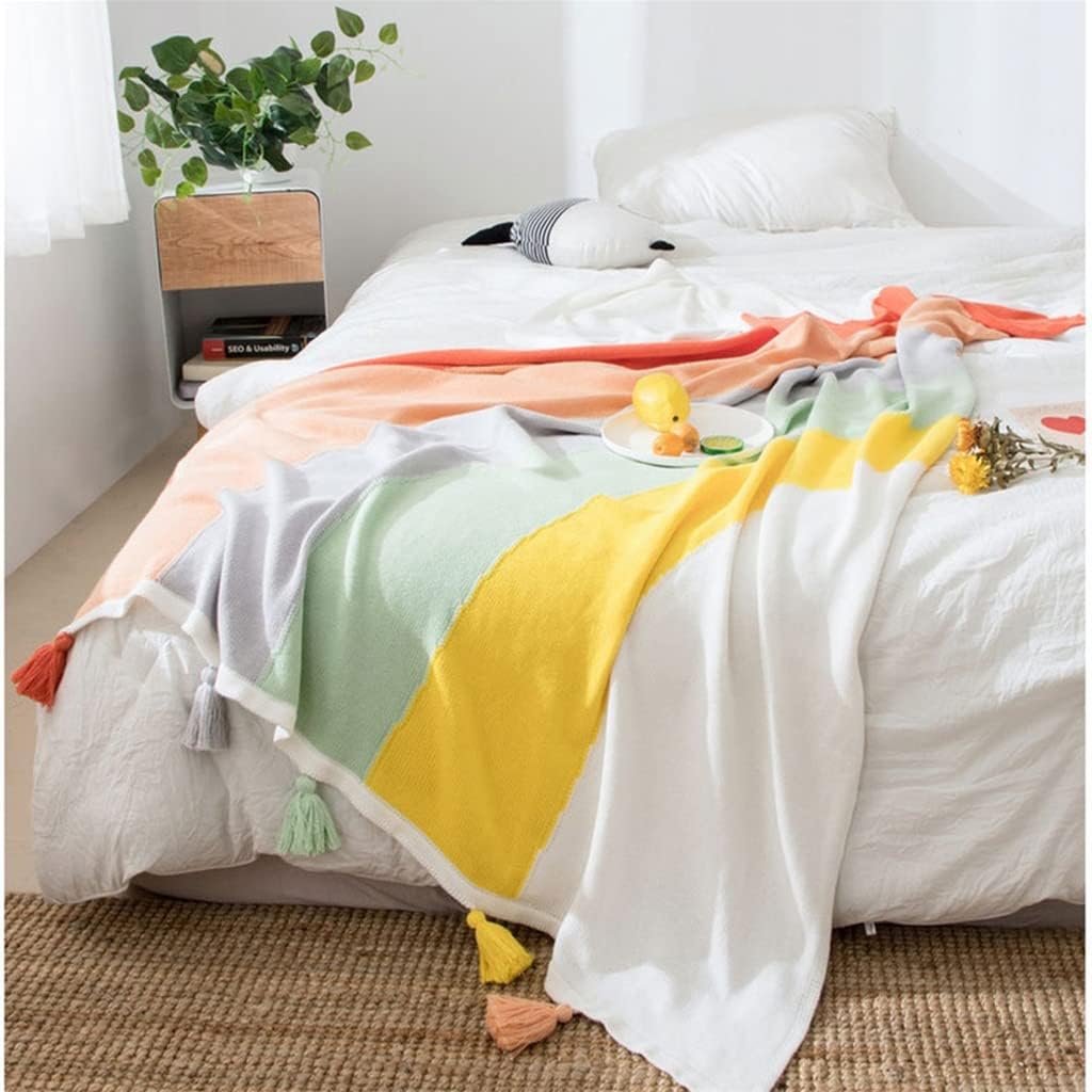 HBJWOV Throw Blankets for Baby Cute Tassel Cotton Knitted Rainbow Colors Quilt Children's Bed Cover Kids Wrap Blanet(130 * 160CM)