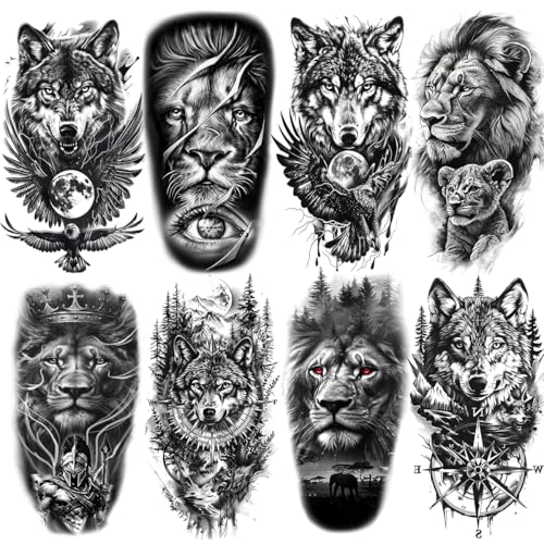 Oottati 8 Sheets Waterproof Body Art Arm leg Temporary Tattoo Sticker Realistic Animal Black Grey Lifelike Sketch Wild Lion Wolf Forest Tree Compass Eagle Moon Eye