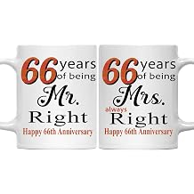 66th Wedding Anniversary Set of 2 Mugs, Mr Right and Mrs Always Right | 66 Years of Marriage, Two 11 Oz White Ceramic Mugs, One Mr and One Mrs, Each Mug Has Its Design Printed on Both Sides