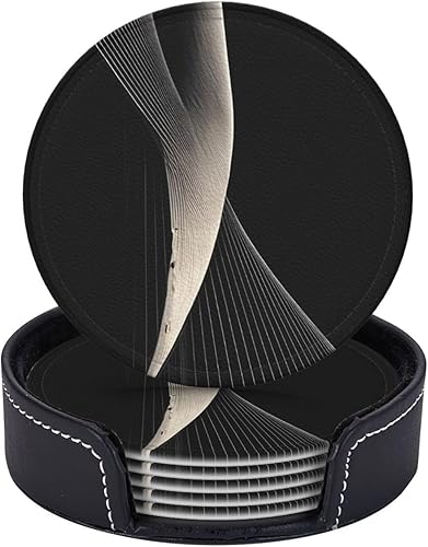 Miniatura 5 de Drink Coasters Set of 6, Abstract Curves Printed PU Leather Round Coaster with Holder for Outdoor, Office, Bar, Funny Heat-Resistant Home Desk Decor