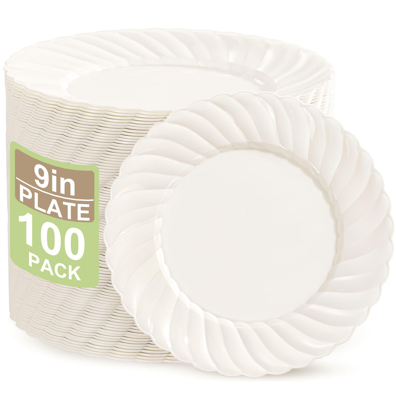 U-QE 100 Count 9 Inch Ivory Plastic Plates for Party - Scalloped Disposable Dinner Plates - Premium Hard Fancy Disposable Heavy Duty Party Supplies