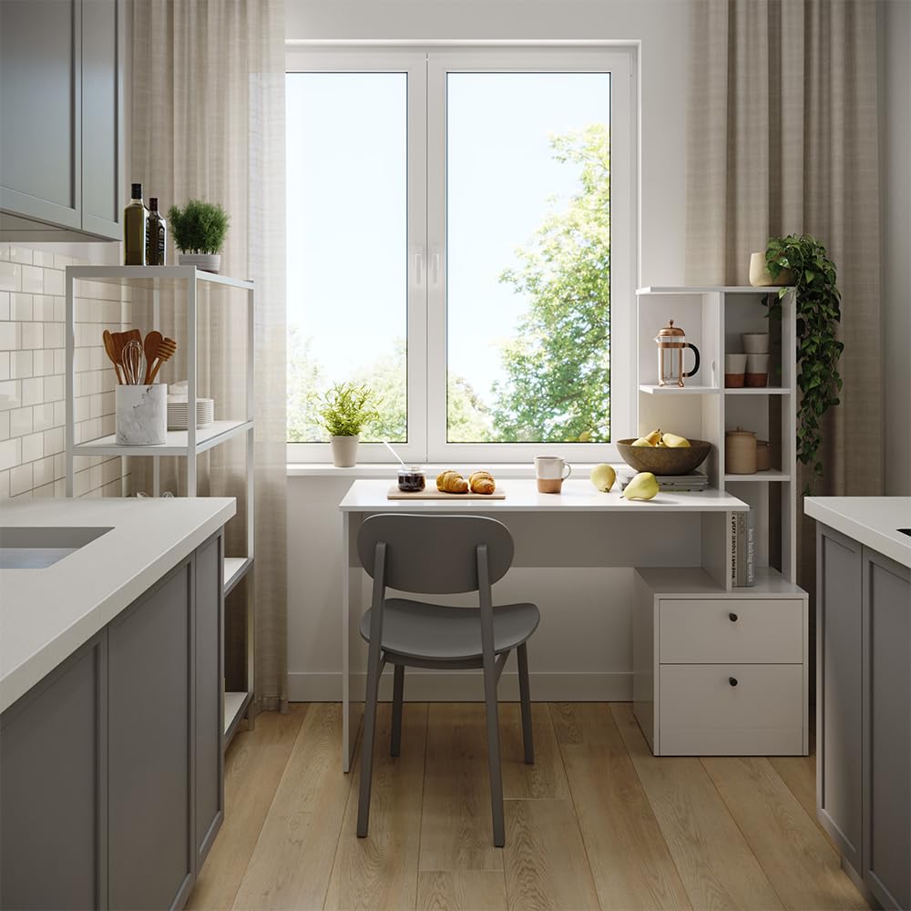 Vicco Escritorio Denton, Blanco, 136 x 55 cm | con compartimentos abiertos para organizar material de trabajo