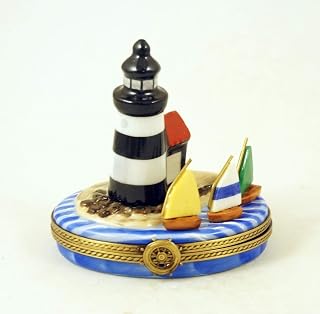 Authentic French Porcelain Hand Painted Limoges box Sail Boats Floating near Lighthouse