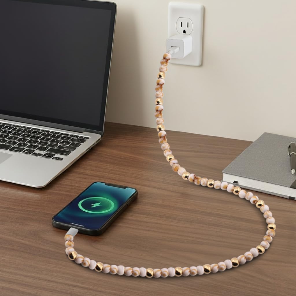 Elegant Beaded Phone Charger USB Cable Cute USB-C Charging Cable Colorful 3.3ft Cord for iPhone Smartphones (USB-A to USB-C, Marble & Gold) - Image 4