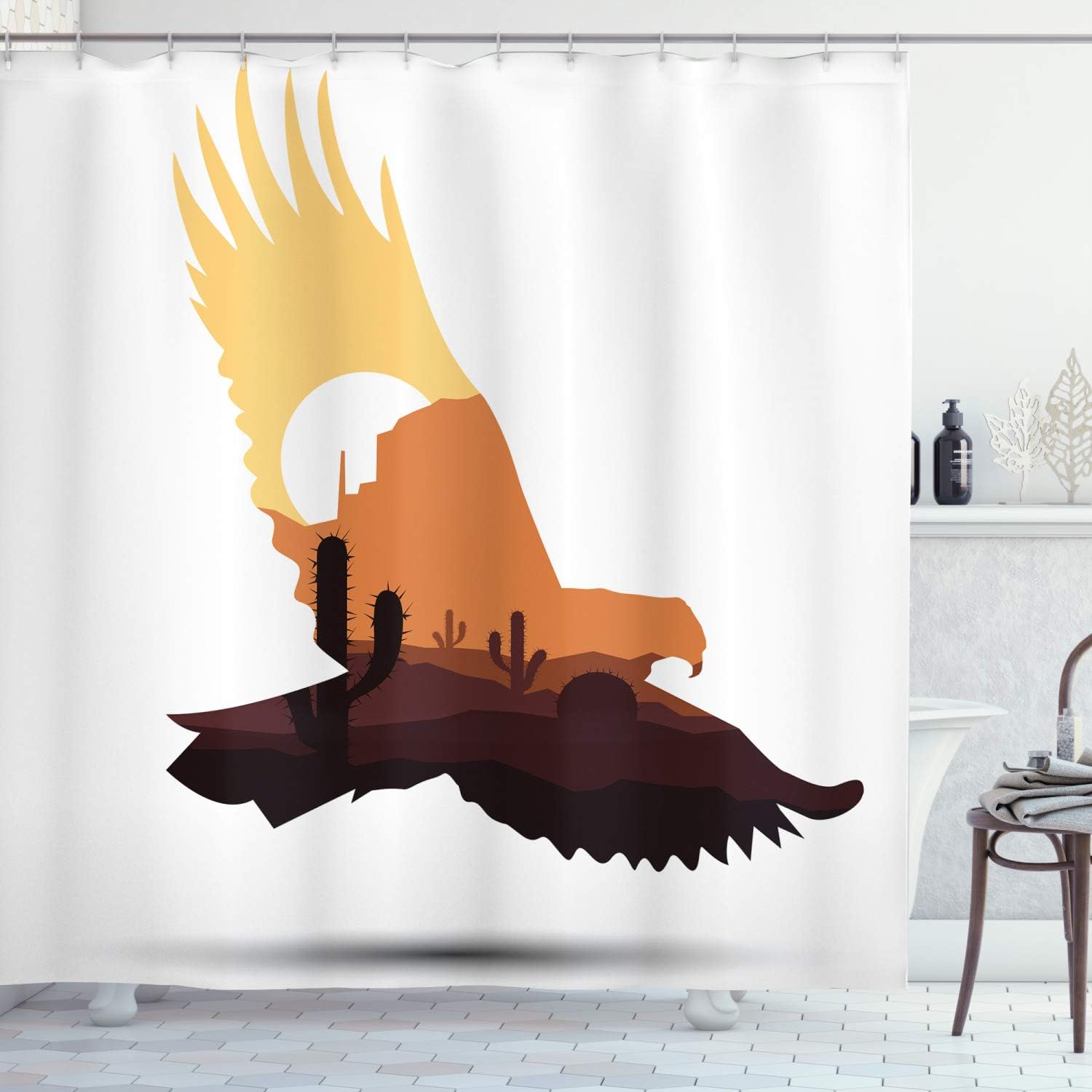 Lunarable Western Shower Curtain, Silhouette of an Eagle with an Arizona Desert Scene Cactuses and Canyon on Dry Land, Cloth Fabric Bathroom Decor Set with Hooks, 69" W x 75" L, Brown