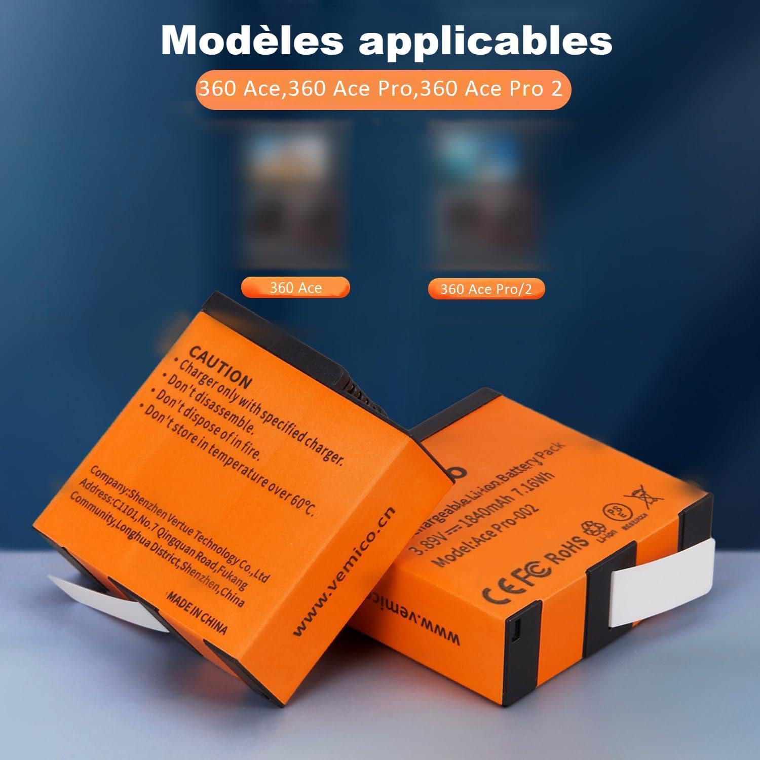 Vemico 360 Ace Pro 2 Chargeur de Batterie Kit 2 Batteries de Rechange 1840 mAh Chargeur LED Double Canal de Type C avec Interface de Chargement Micro USB pour caméra 360 Ace Pro 2/360 Ace/360 Ace Pro