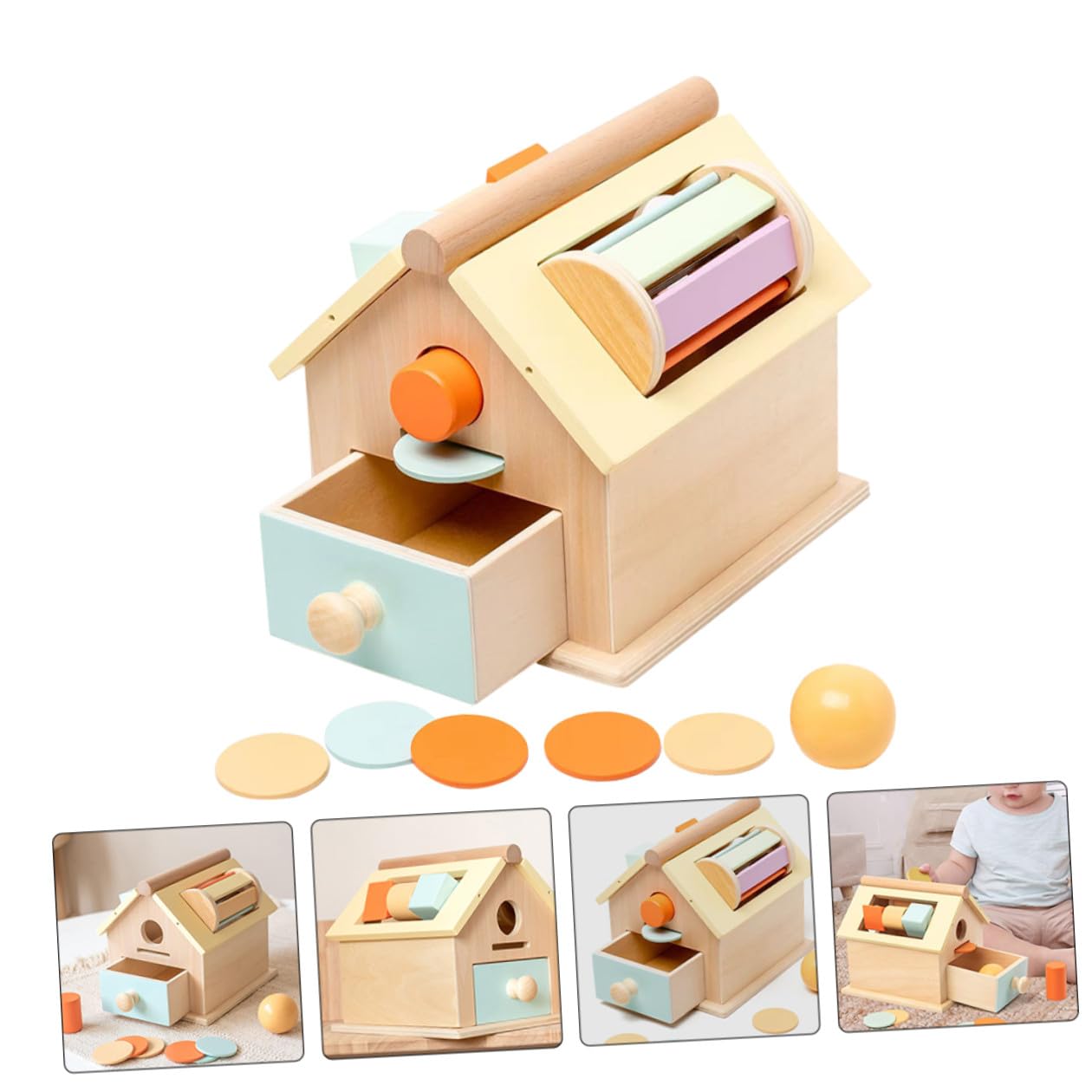 BESPORTBLE Juego de Juguetes de Madera Montessori para Niños Pequeños 1-3 Años, Tamaño Compacto, Multifuncional de Lanzar Balones y Caja de Monedas, Desarrollo Sensorial y Motricidad Fina,
