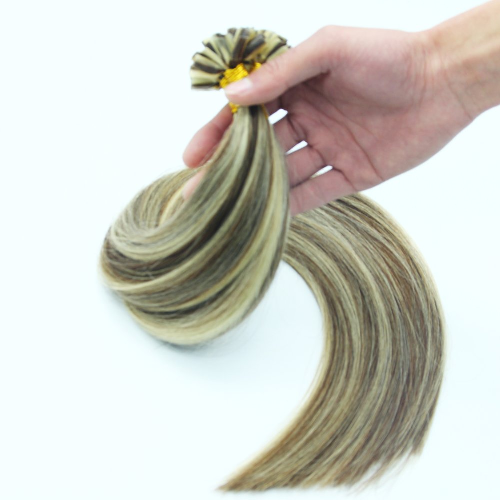 Double Drawn Hair Extensions Pre-Bonded Keratin Nail U Tip Remy Human Hair 1g/s 50S (18Inch, 4/613 Medium Brown Mix Light Blonde)