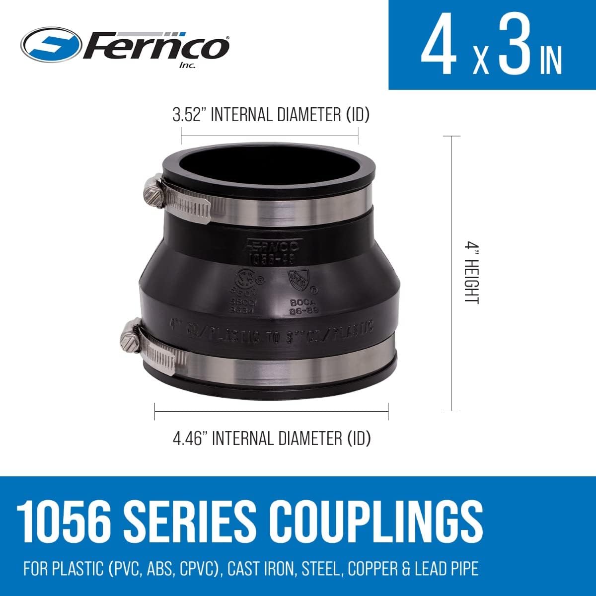 Fernco 1056-43 4-in.x 3-in. PVC Flexible Reducer Pipe Coupling for Cast Iron and Plastic Plumbing Connections, 2-Pack