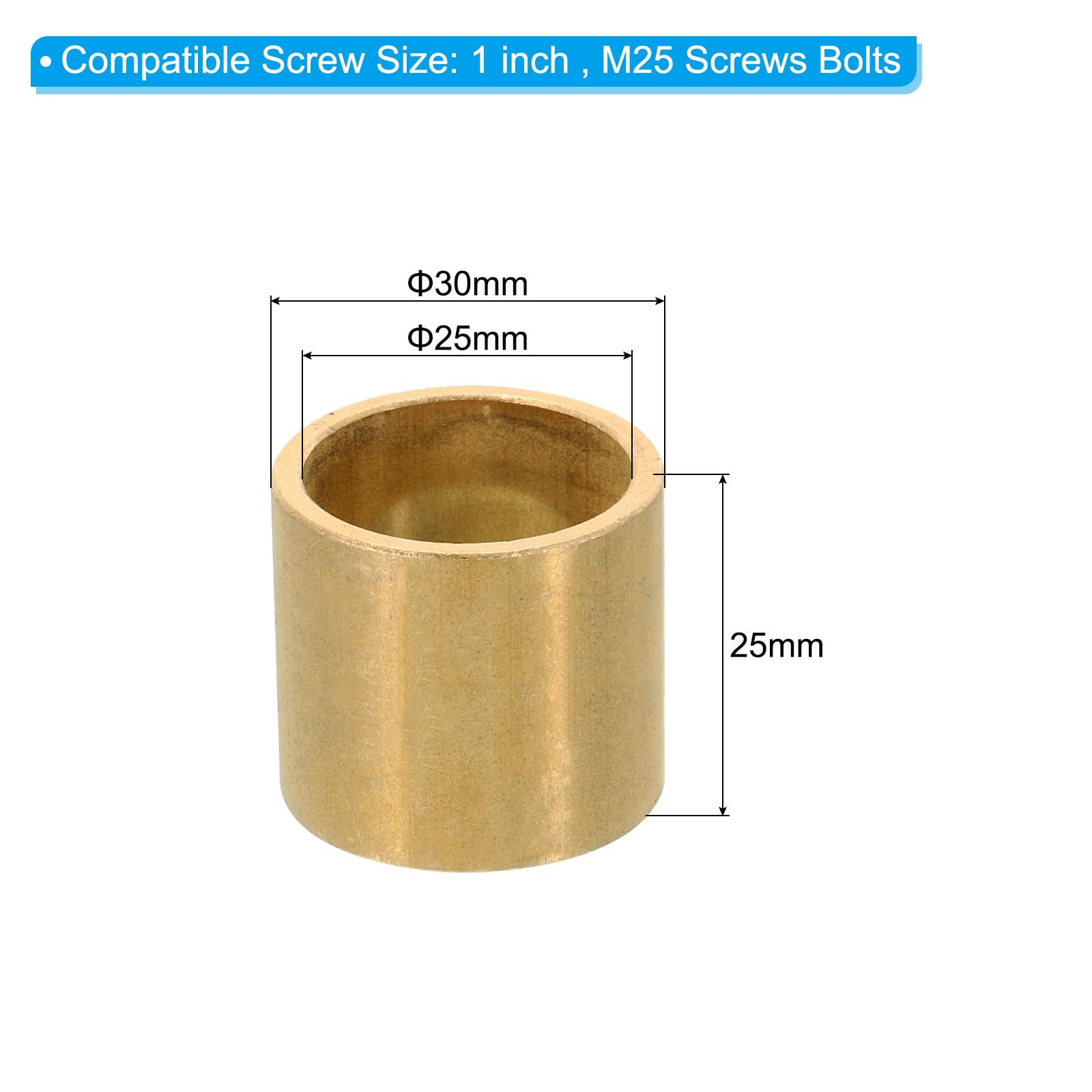 PATIKIL M25 Brass Spacers, 1 Pcs Metal Spacer Brass 25mm ID x 30mm OD x 25mm L Brass Spacers Screw Standoff for 1 Inch or M25 Screw - Image 2