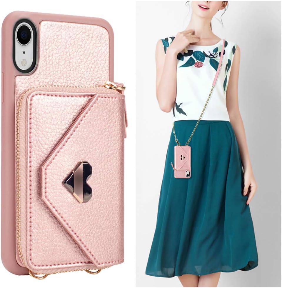 iPhone XR Wallet Case, JLFCH iPhone XR Zipper Wallet Leather Case with Card Slot Holder Closure Buckle Crossbody Chain Purse Handbag Strap for Apple iPhone XR 6.1 inch - Rose Gold