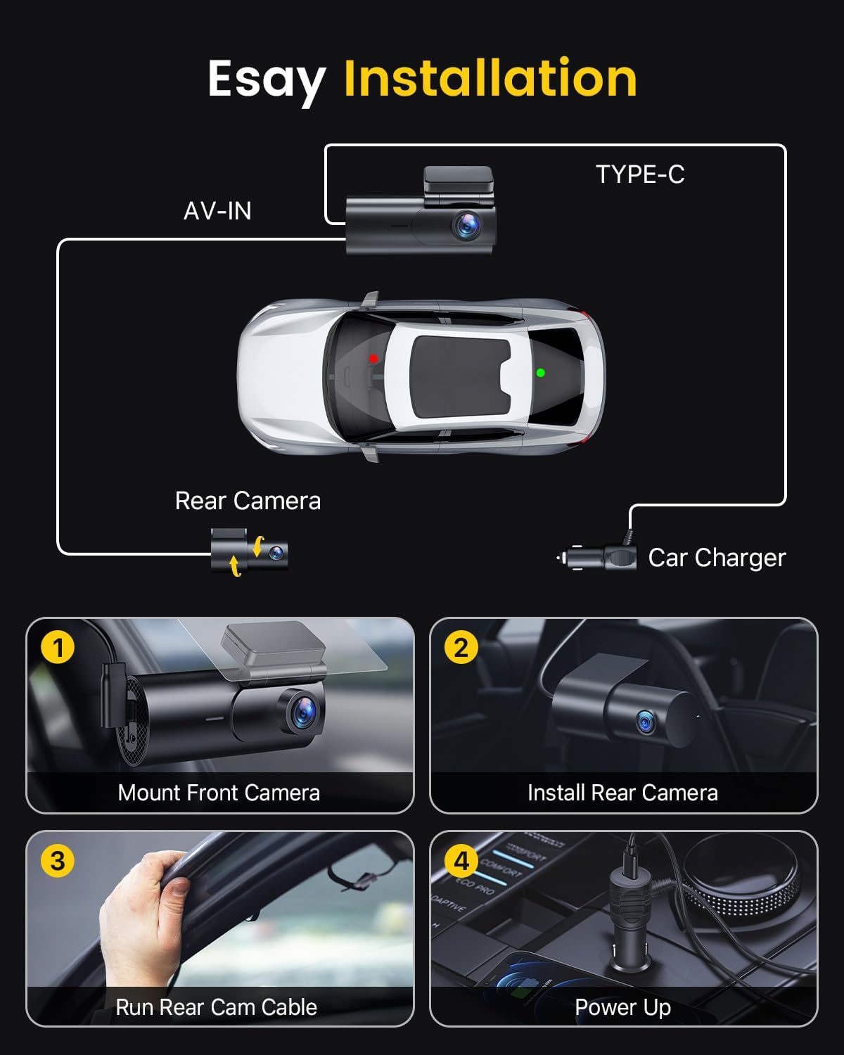 Dash Cam Front and Rear Camera – 4K+1080P Dual Dash Camera for Cars with 64GB SD Card, 5G/2.4GHz WiFi & App Control, Night Vision, Parking Mode, G-Sensor, Loop Recording, WDR, 170° Wide Angle - Image 8