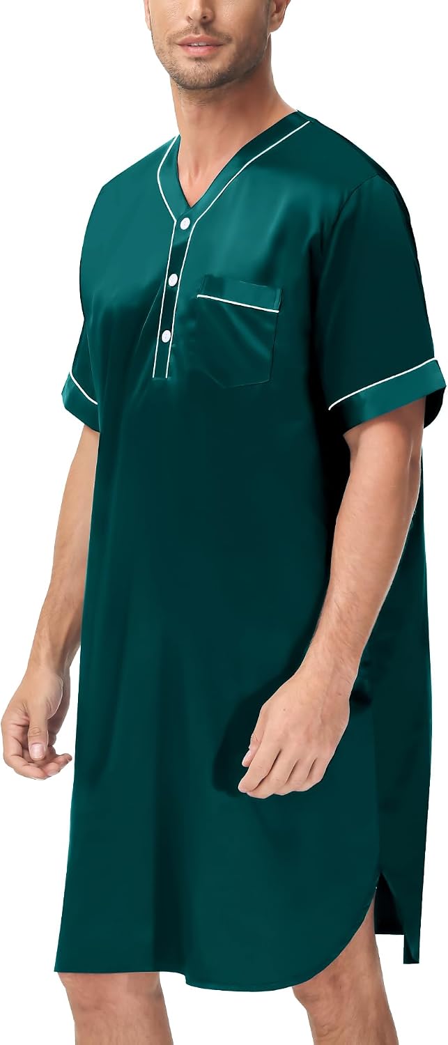 SWOMOG Mens Silk Satin Nightshirt Short Sleeve Loose Henley Sleep Shirt Comfy Nightgown Big & Tall Men Sleepwear