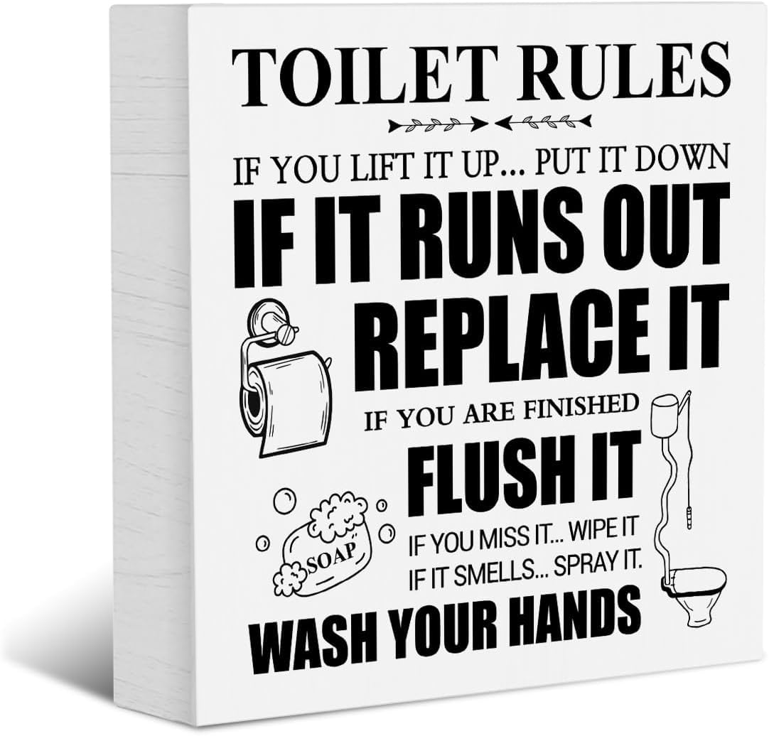 Bdeyfg Colour3 Toilet Rules Wood Box Sign Block Plaque Bathroom Quote For Wall Tabletop Home Shelf 5X5 Inch
