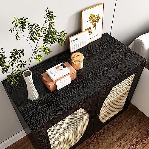 Sideboard Buffet Cabinet With Rattan Doors, Rattan Cabinet Buffet Table Accent Kitchen Storage Cabinet Console Table With Adjustable Shelves, Accent Cabinet For Living Room, Dining Room Hallway, Black #TOP4