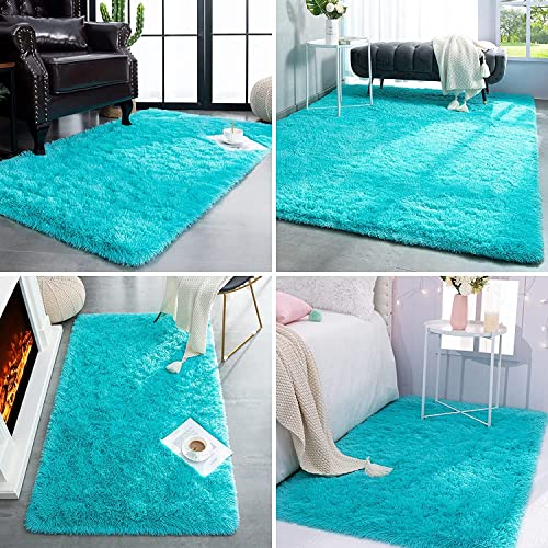 Image of Handmade 2 Inch Pile Height Super Soft Touch Export Quality Plain Shag Rectangular Carpets For Home Size 6 X 6 Feet Color Teal Blue