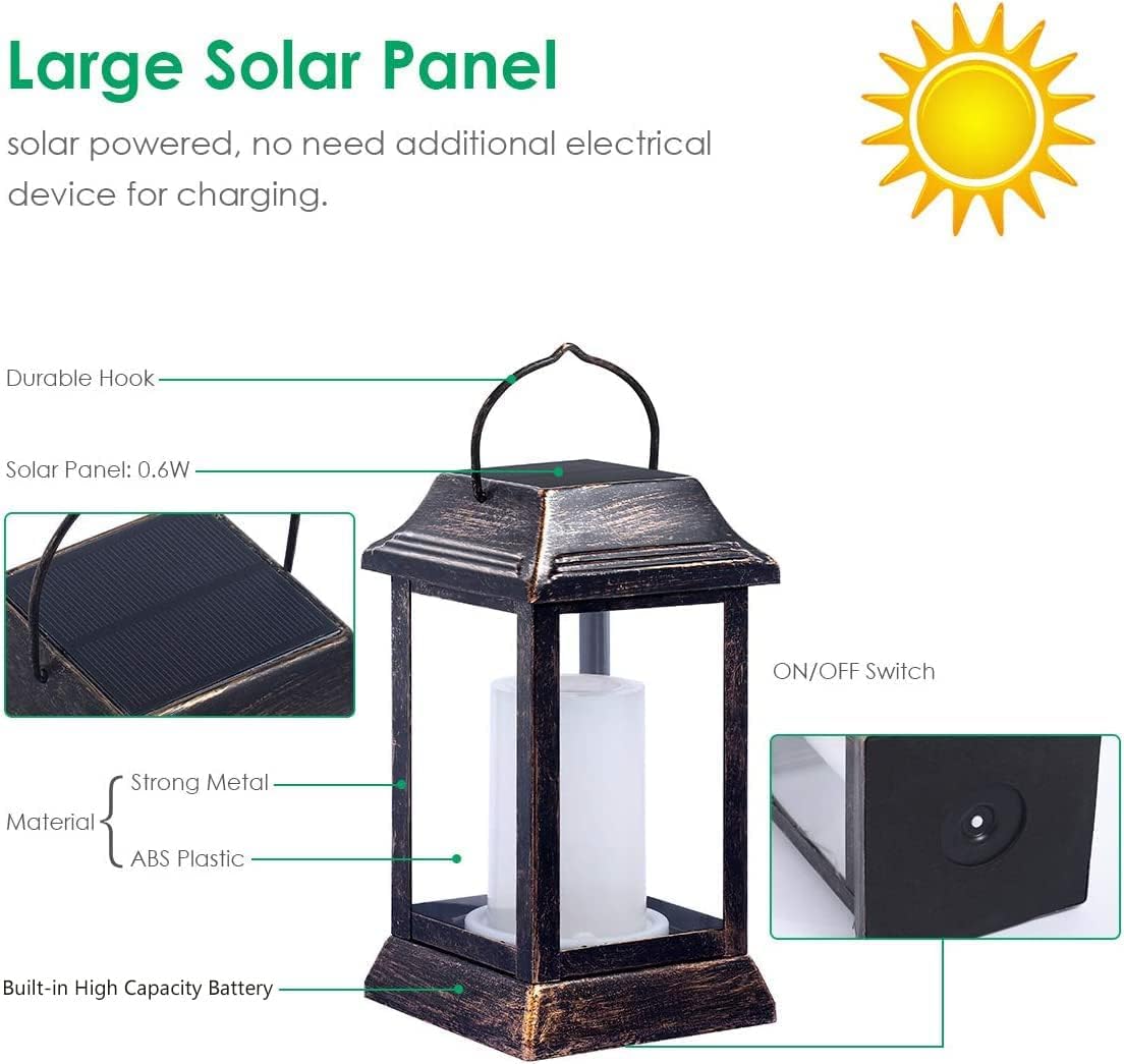 TomCare Solarleuchten, Metall, flackernde Flamme, Solarlaterne, Outdoor-Hängelaternen, Beleuchtung, strapazierfähig, solarbetrieben, wasserdicht, LED-Flammenlichter für Terrasse, Garten