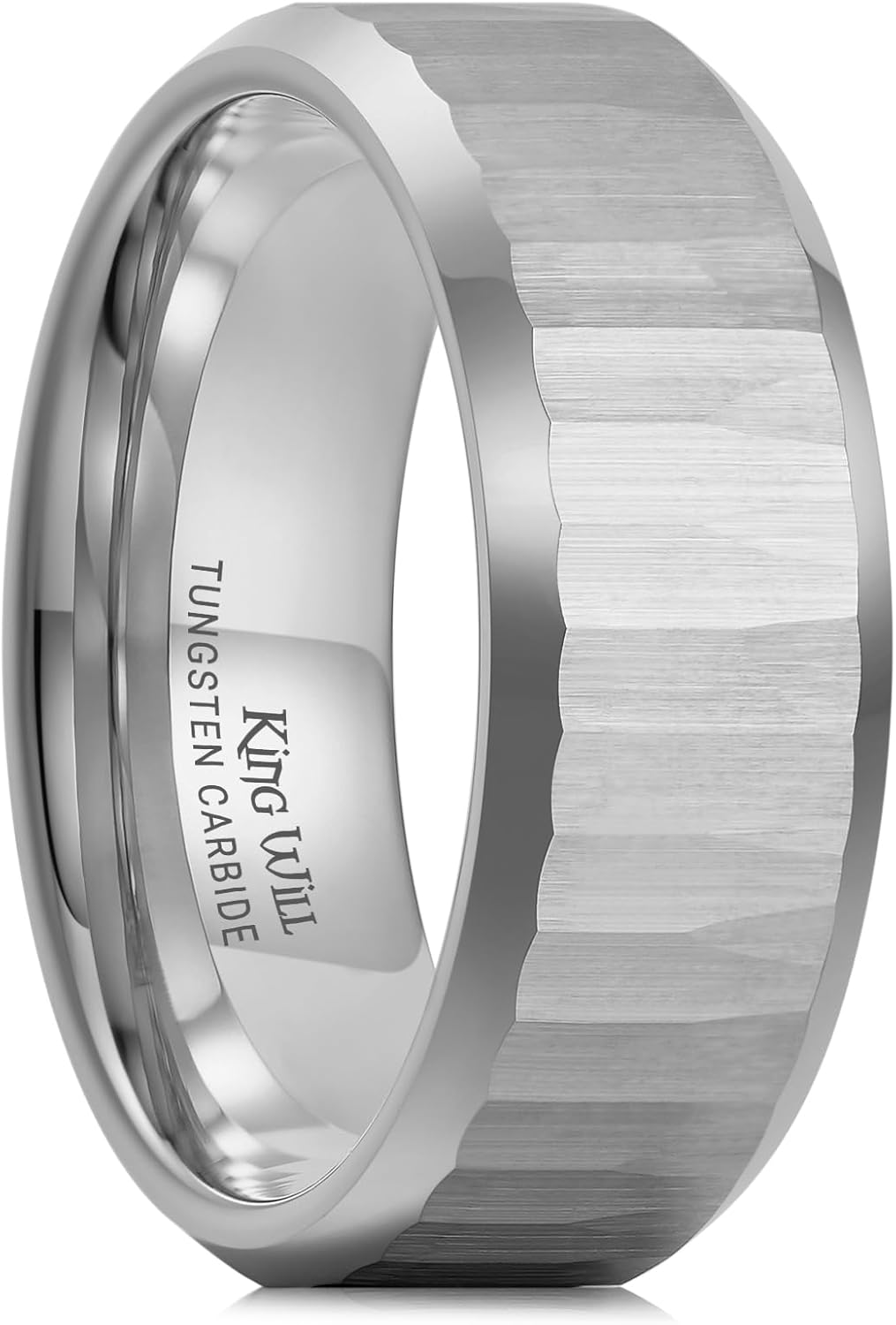 King Will 8mm Mens Hammered Tungsten Rings Matte Brushed Finish Beveled Edges