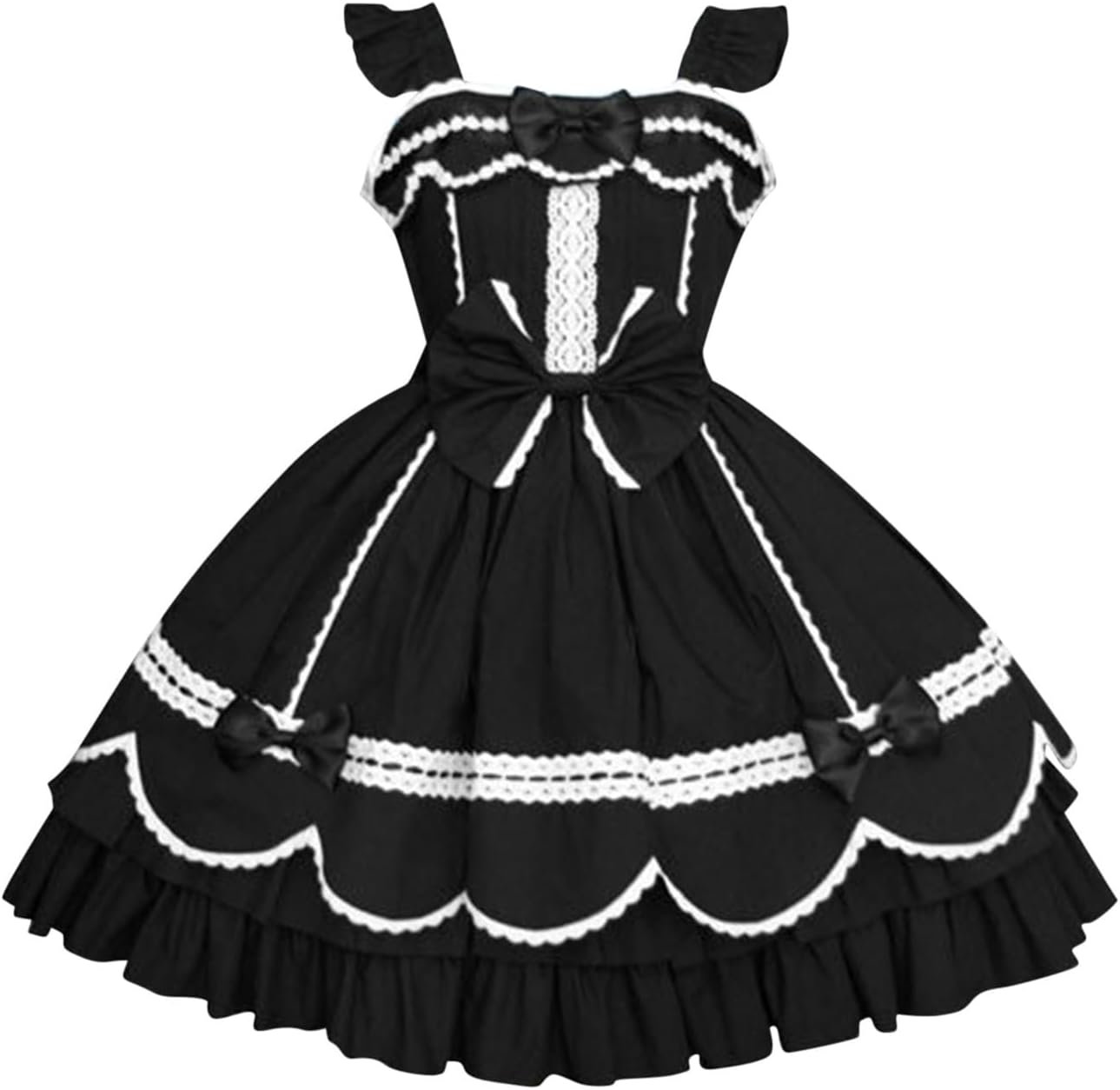 Women's Sweet Lolita Dress Ruffle Bow Sleeveless Princess Halloween Party Cosplay Costume Lace Layers Maid Dresses