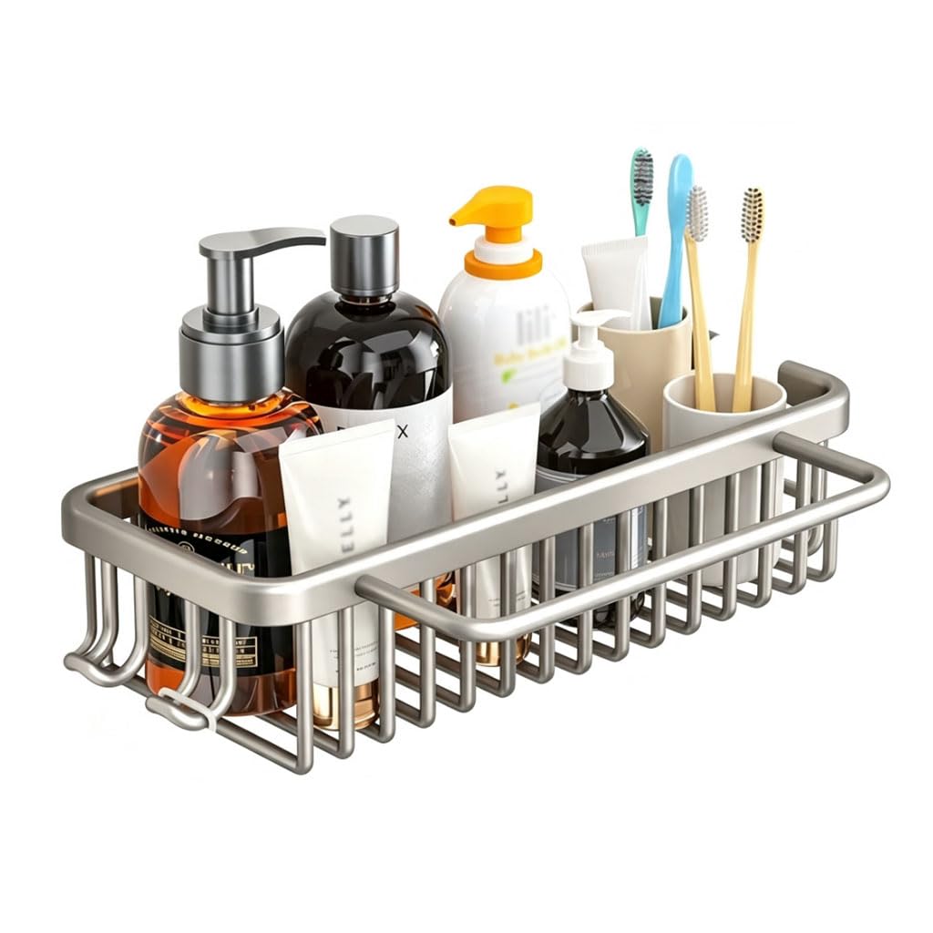 Duschablage Ohne Bohren, Wandkorb Wandregal Bohrfreie, Multifunktionale Badezimmer Organizer mit Haken, Platzsparende Ablage Bad für Badezimmer,B45cm