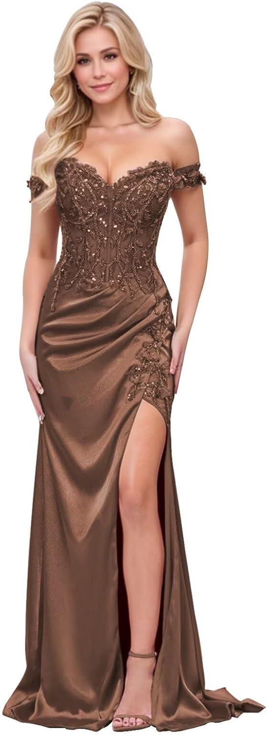 Women's Satin Mermaid Prom Dresses Long Off Shoulder Lace Applique Formal Evening Party Gown with Slit UG013