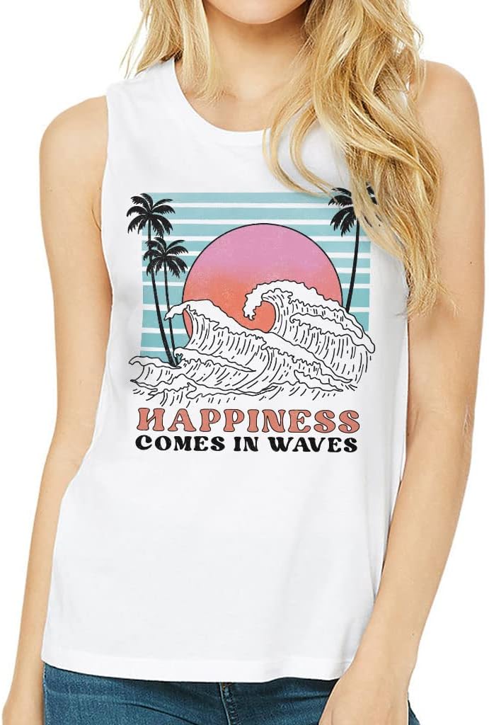 Happiness Comes in Waves Women's Muscle Tank - Print Tank Top - Wave Workout Tank