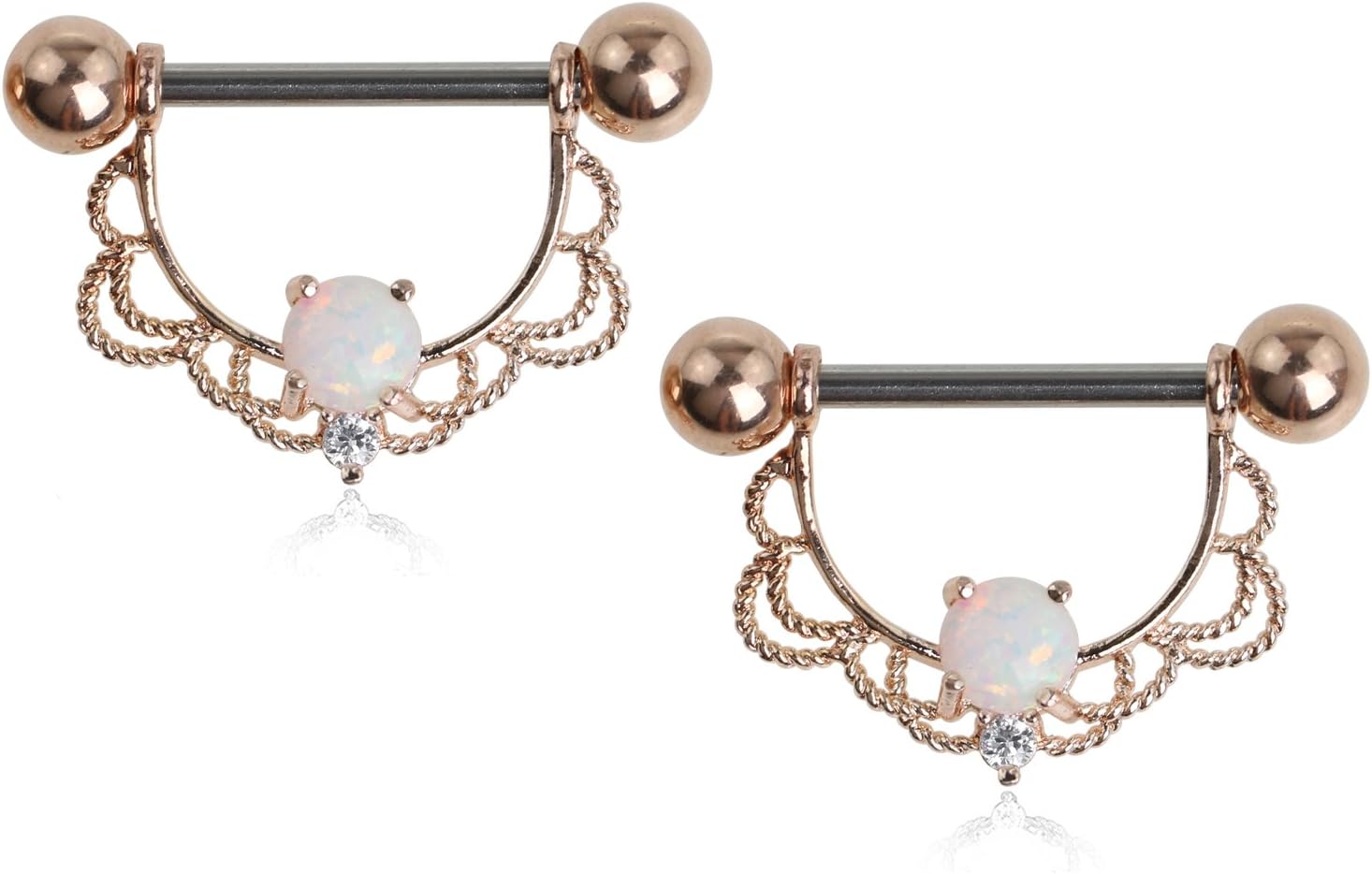 SkullParty Nipplerings Piercing Women 14G Stainless Steel Opal Nipple Piercing Barbell Bar Rings - Rose Gold