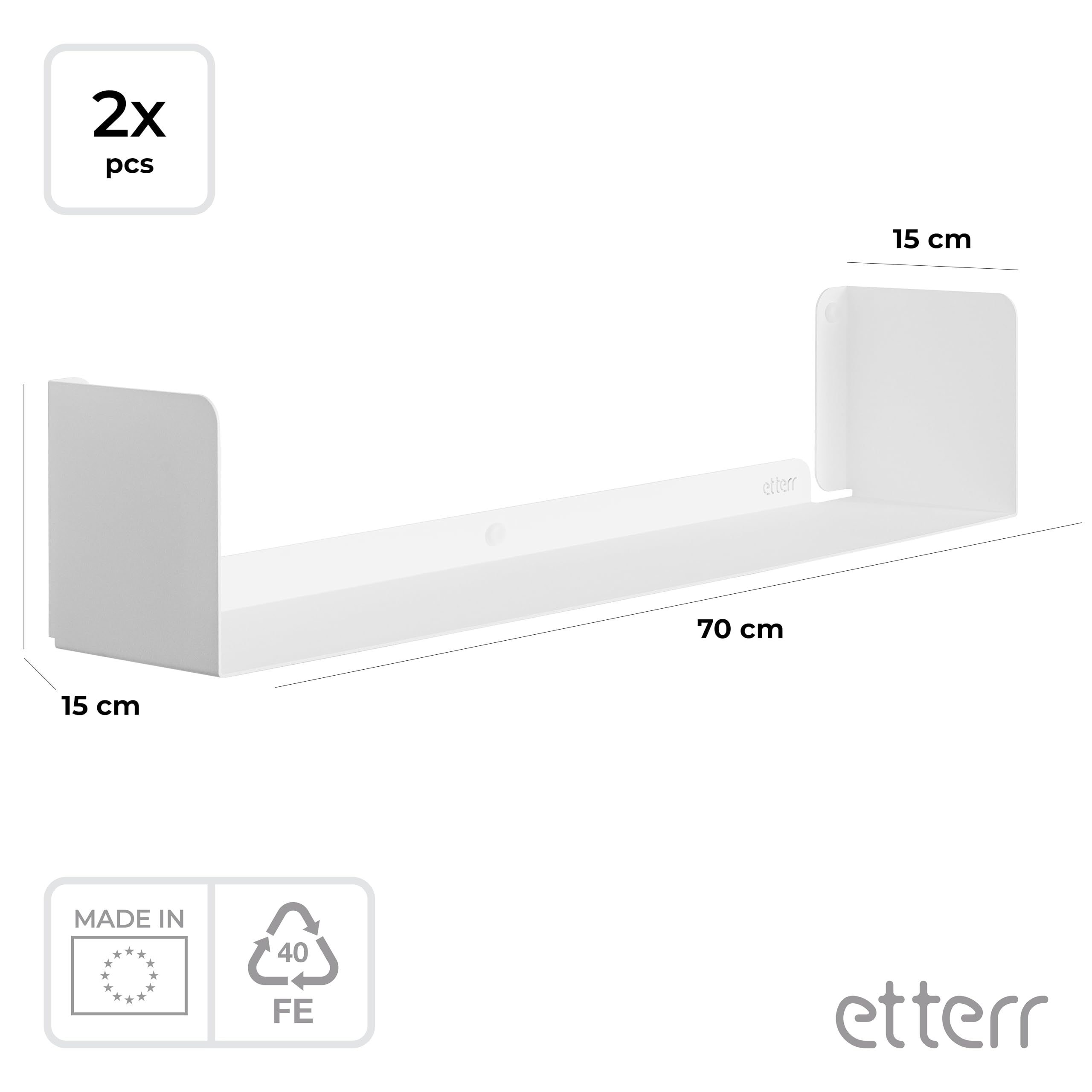 Pack de 2 Estanterías de Pared | 70x15 cm | 100% Acero | Fabricado en Europa | Estanteria Libros | Baldas Flotantes Pared | Estanteria Blanca | Estanterias Pared | Estante Flotante Pared