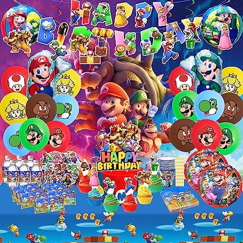 Birthday Party Supplies,221pcs Game Theme Style Party Decorations Include Happy Birthday Banner,Backdrop,Tableware set,Tablecover,Cake Toppers,Cupcake Toppers,Latex Balloons Set,Bottle Labels,Chocolate Stickers,Napkins,Straw,Cups,Spiral hanging decoration