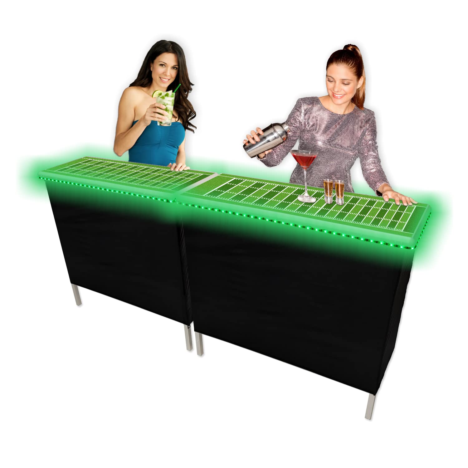 Folding Portable Party Bar w/Patented Multi-Color LED Lights, Football Field Graphic, Black Skirt, and Storage Shelf