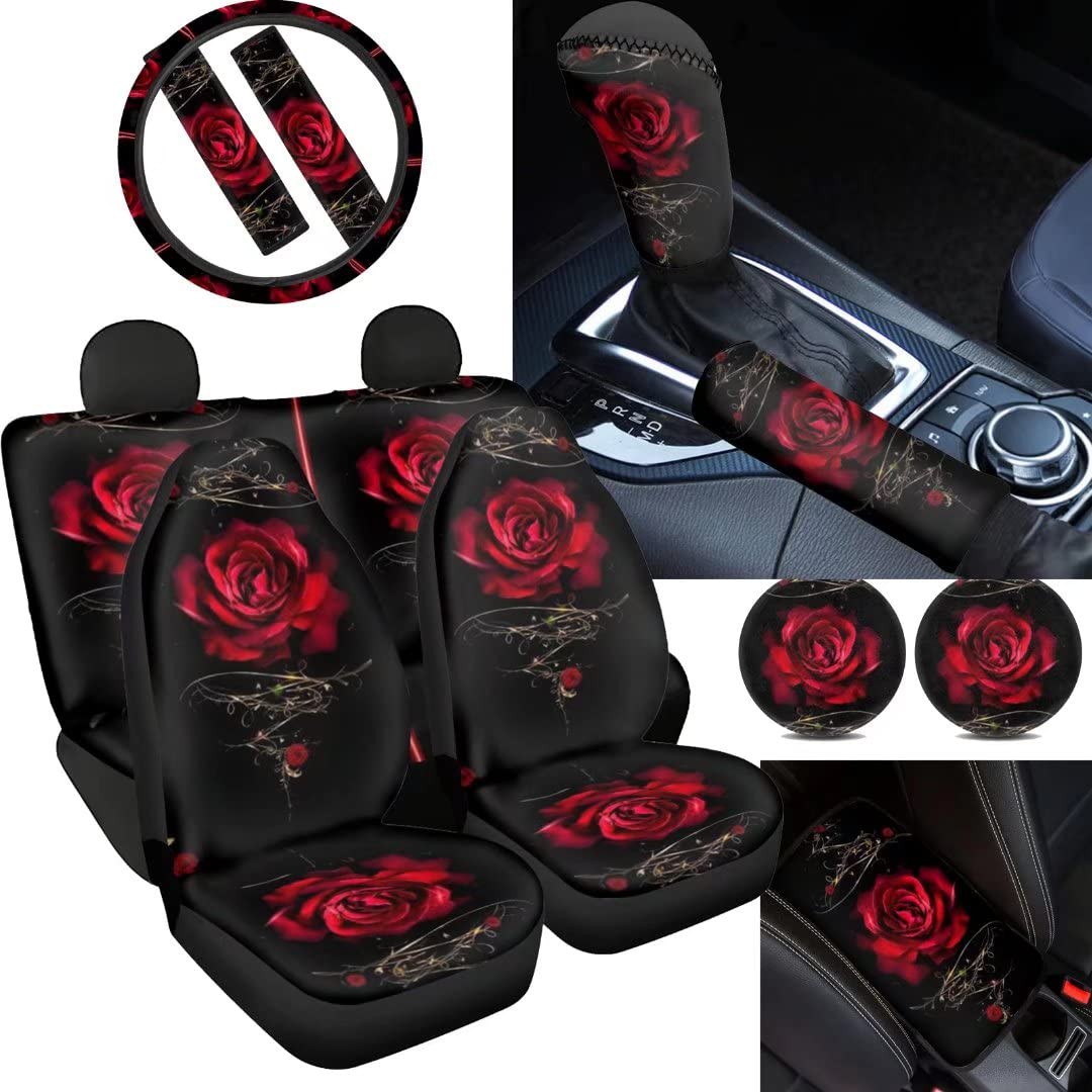 BIGCARJOB Romantic Rose Print 12 PCS Car Accessories Set for Women,Stylish Floral Front Rear Seat Covers,Steering Wheel Wrap, Seat Belt Covers Armrest Pad,Gear Lever Cover Handbrake Cover Coasters